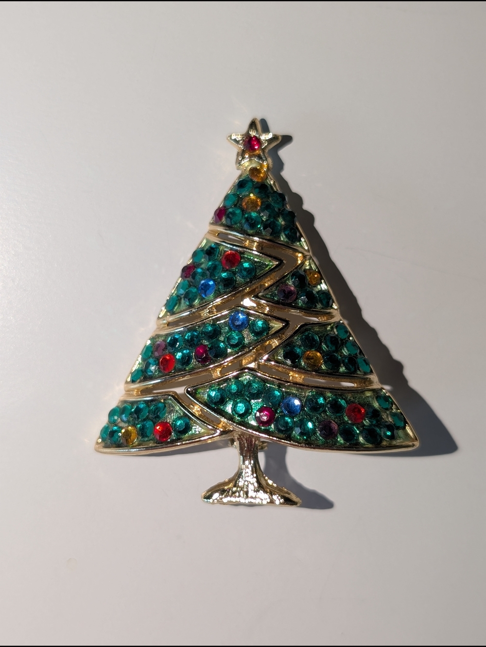 Vintage Christmas Tree Brooch with Multicolor Rhinestone Pavé and Star Topper